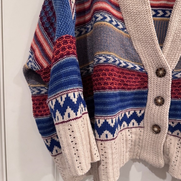 AMOR BOHO BLUE CREAM ORANGE RUST COVER-UP SWEATER BOHEMIAN RETRO  EARTH TONES OS - Picture 2 of 14